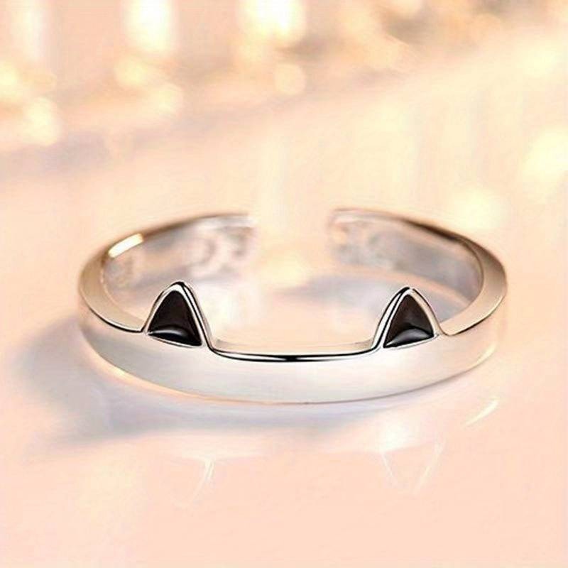 Kawaii, Cute Kitty Cat Ear Animal Lover Ring - Black/Silver